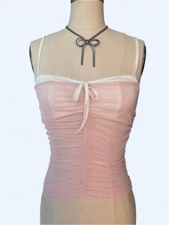 Tops - Sheer Ruched Pink Mesh Cami Tank with Tie